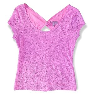 Cut-out Back Cap Sleeve Floral Lace Bowl Neckline Pink Girls Top | 3/$15